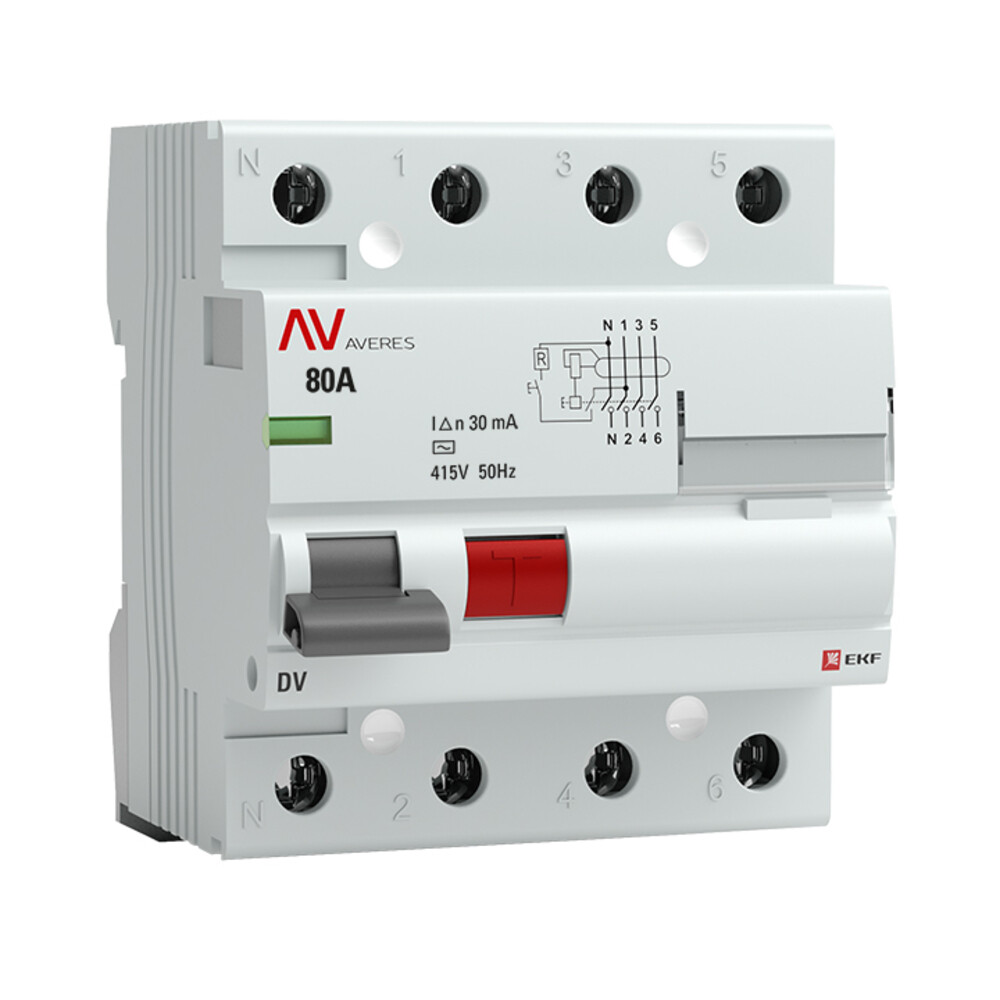 Изображение товара УЗО EKF Averes DV 80А 3P+N тип AC 30 мА для защиты электросети