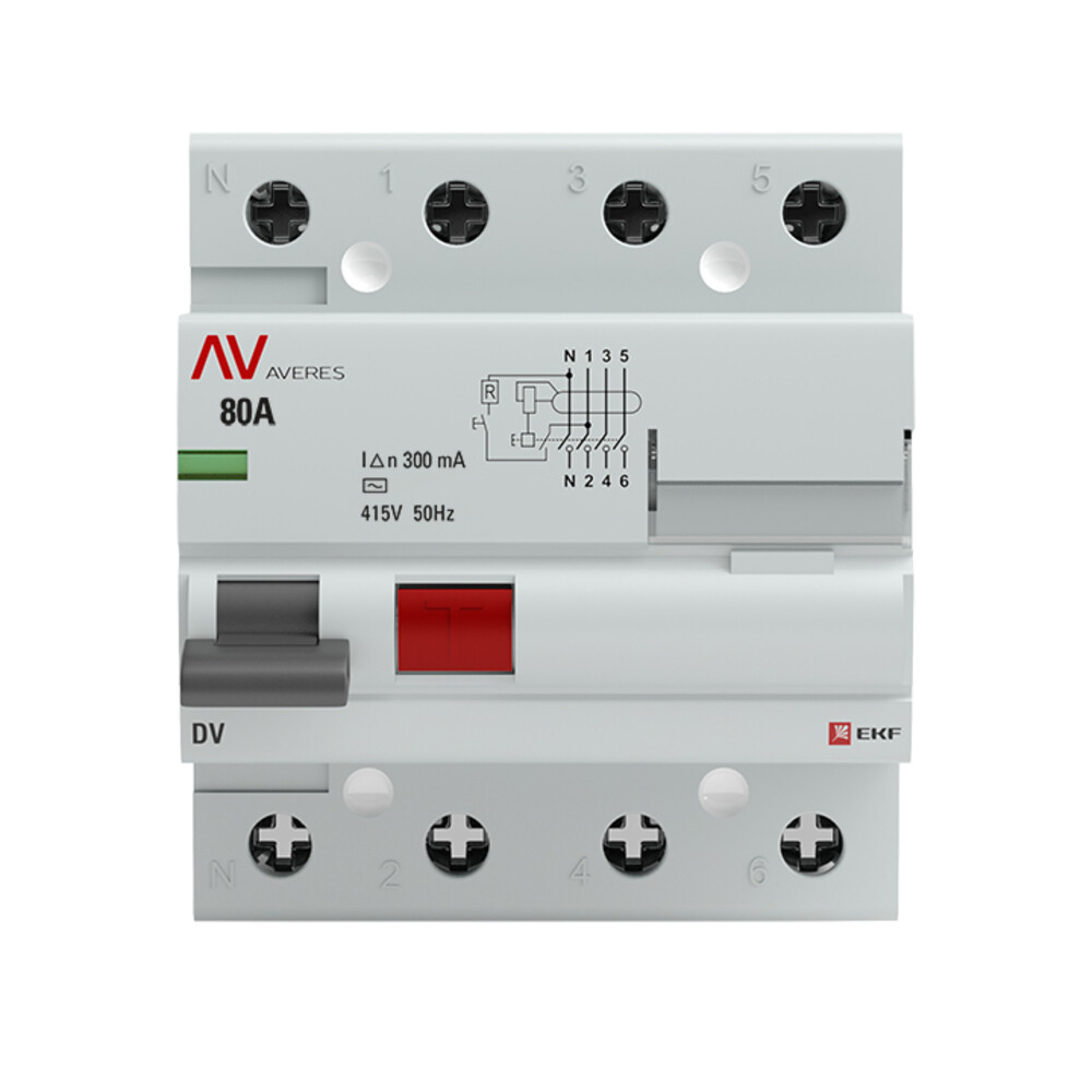 Изображение товара УЗО EKF Averes DV 80А 3P+N тип AC 300 мА — защита от утечек тока