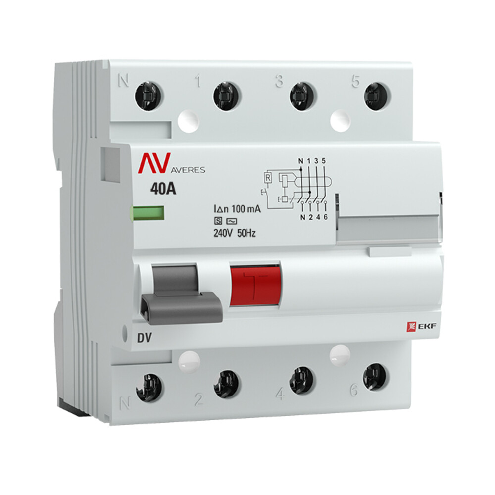 Изображение товара УЗО EKF Averes DV 40A 3P+N тип AC с дифференциальным током 100 мА 10 кА