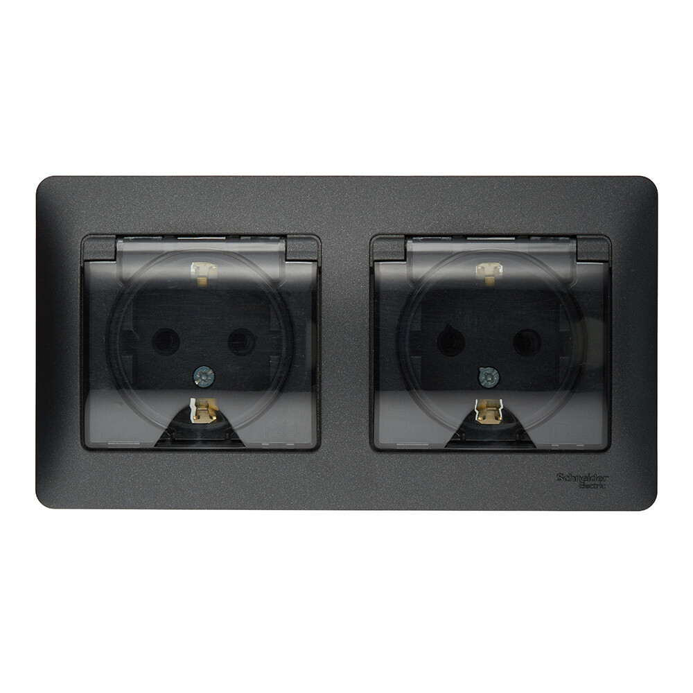 Изображение товара Розетка встраиваемая антрацит со шторками IP44 Systeme Electric Glossa 2 гнезда