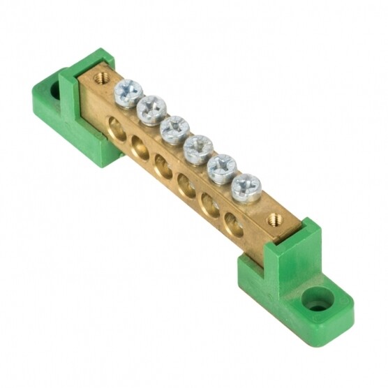 Изображение товара Шина нулевая на 2-х угловых изоляторах EKF PROxima 8х12 мм 6 отверстий зеленая (20 шт.) (sn0-125-06-2-pe)