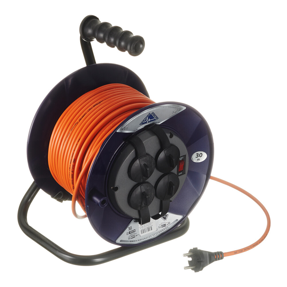 Изображение товара Удлинитель силовой на катушке PowerLine 30 м 4 розетки IP44 с защитой Россия