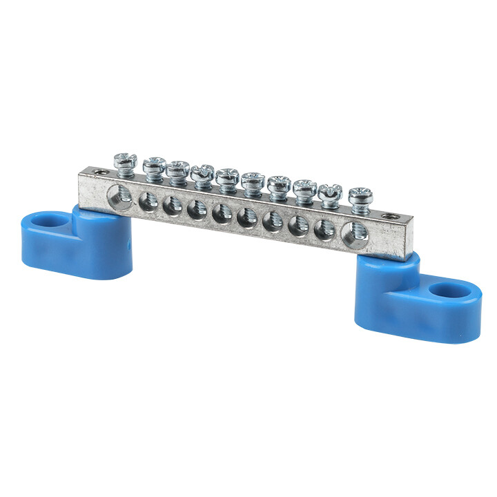 Изображение товара Шина нулевая на 2-х угловых изоляторах EKF PROxima 6х9 мм 10 отверстий синяя (10 шт.) (sn1-63-10-2)