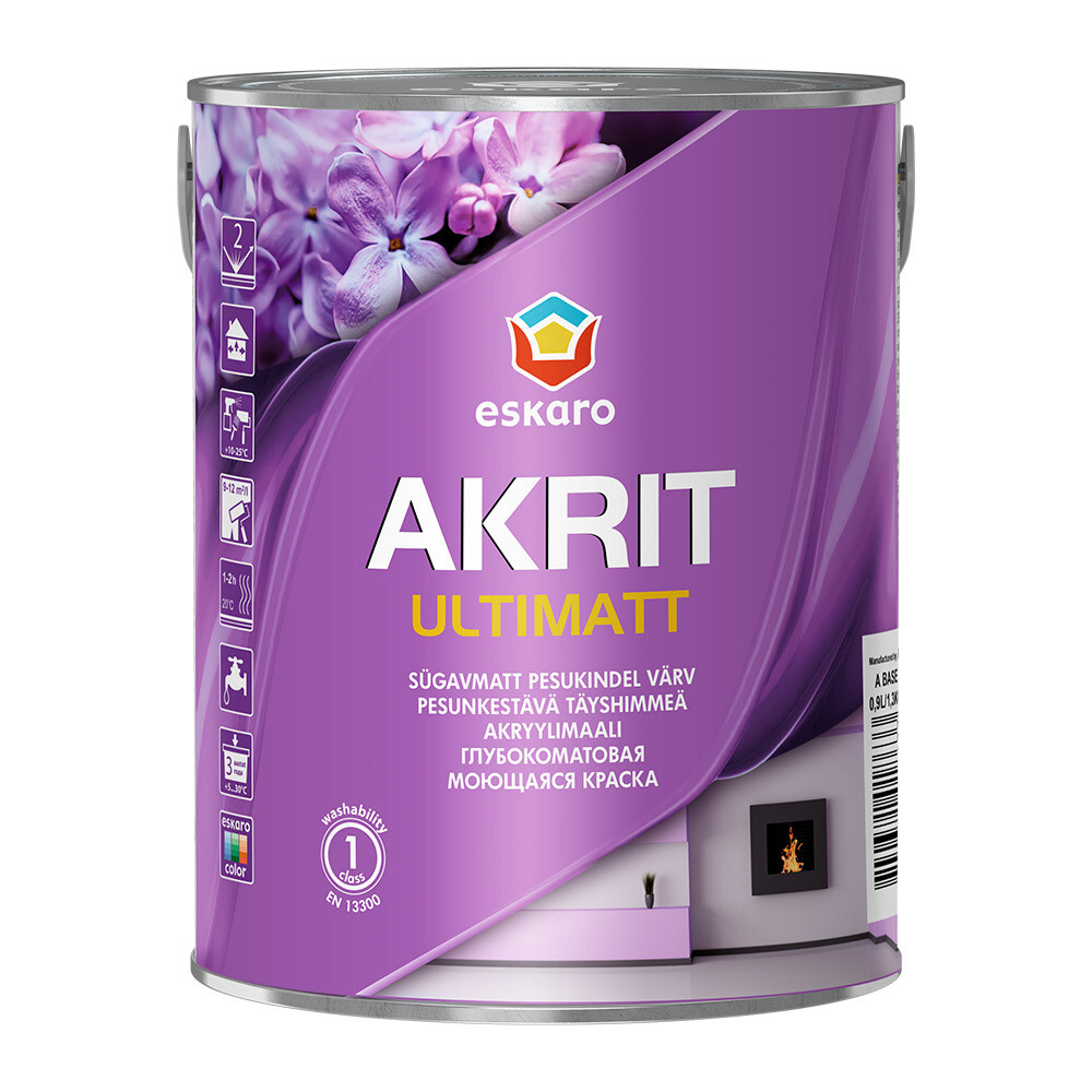 Изображение товара Краска моющаяся Eskaro Akrit Ultimatt база А белая 0,9 л