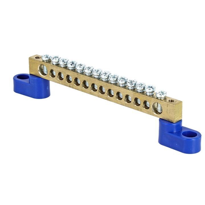 Изображение товара Шина нулевая на 2-х угловых изоляторах EKF PROxima 8х12 мм 14 отверстий синяя (10 шт.) (sn0-63-14-2)