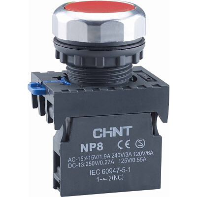 Изображение товара Кнопка плоская Chint NP8 220 В IP65 без подсветки красная (667231)