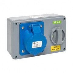 Розетка силовая настенная с заземлением 2Р+РЕ 32 А 220-230 В IP44 синяя/серая (ps-1423-32-220) - фото 1