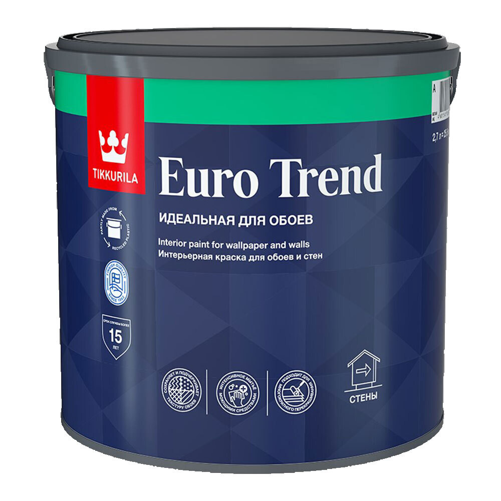 Изображение товара Краска моющаяся Tikkurila Euro Trend база A белая 2, 7 л - водорастворимая внутренняя краска для сте