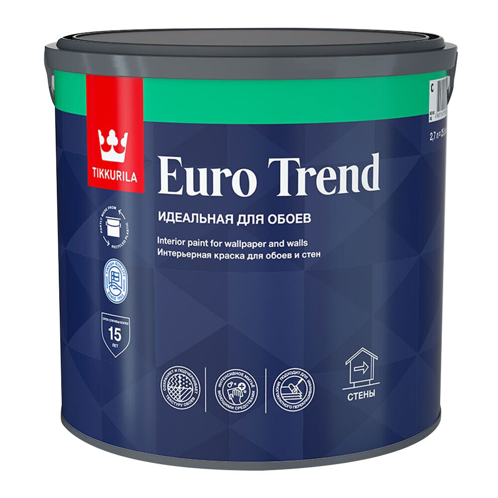 Изображение товара Моющаяся водоразбавляемая краска Tikkurila Euro Trend база C бесцветная 2,7 л