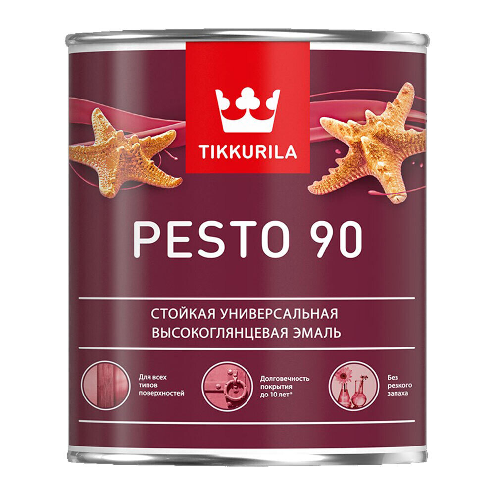 Изображение товара Эмаль алкидная Tikkurila Pesto 90 база A глянцевая, 0,9 л – универсальная краска для внутренних и н