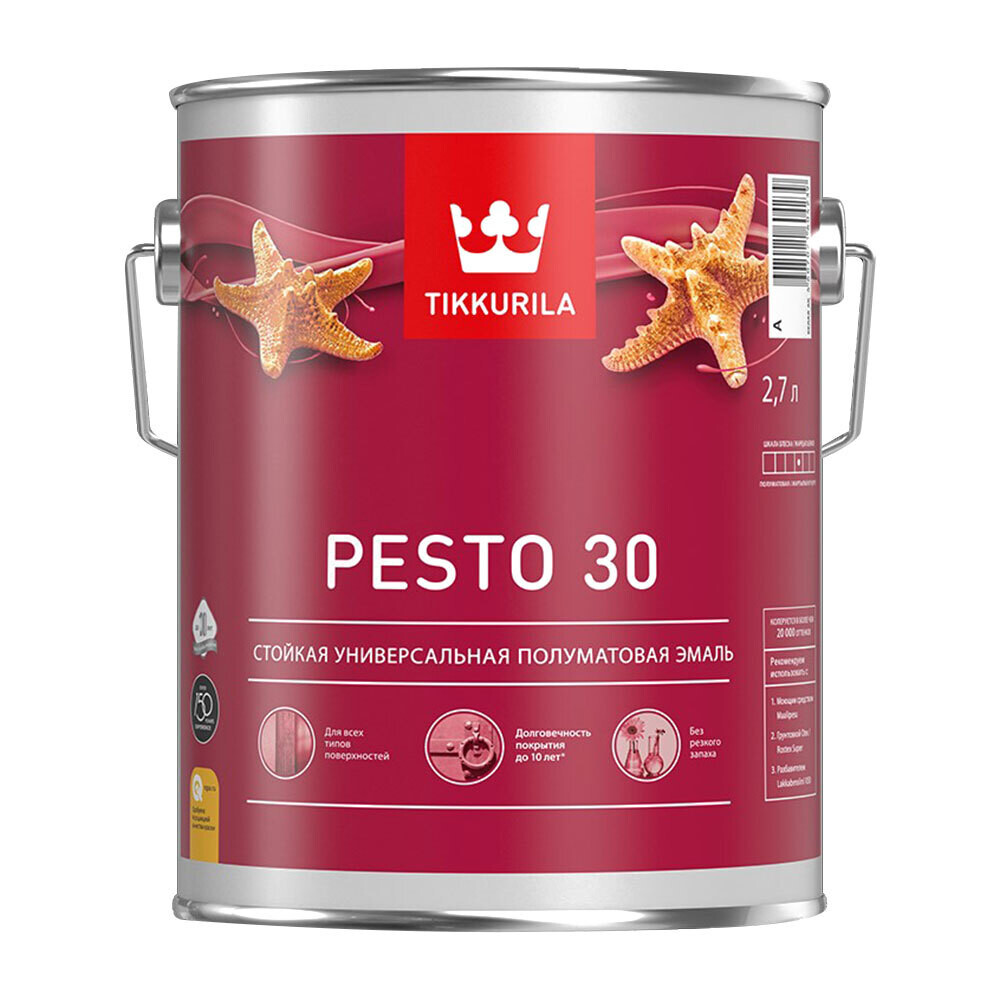 Изображение товара Эмаль алкидная Tikkurila Pesto 30 база А полуматовая 2,7 л для внутренних и наружных работ