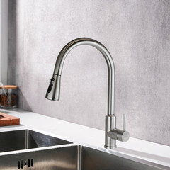 Смеситель для кухни Esko Kitchen сатин с высоким изливом с вытяжной лейкой однорычажный (TSS 519) - фото 9