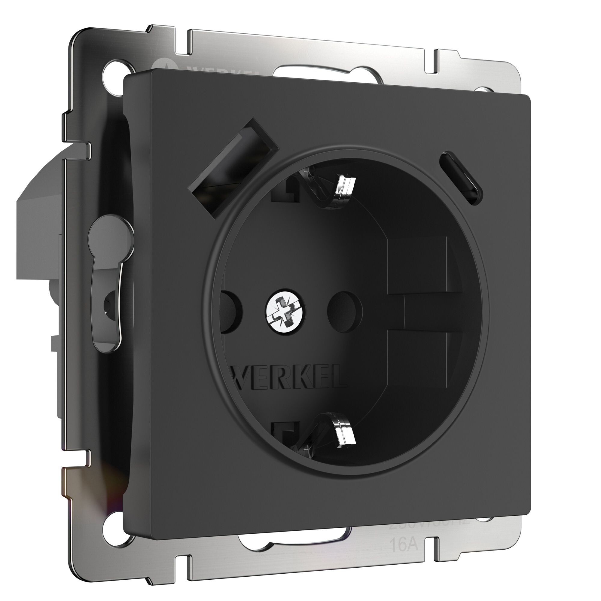Изображение товара Встраиваемая черная розетка Werkel с USB-A и Type-C быстрой зарядкой и заземлением