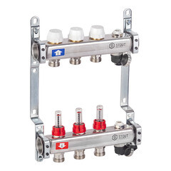 Коллекторная группа с расходомерами нержавеющая сталь Stout 1 ВР(г) х 3 выхода 3/4 НР(ш) ЕК х 1 ВР(г) - фото 2