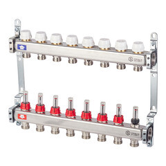 Коллекторная группа с расходомерами нержавеющая сталь Stout 1 ВР(г) х 8 выходов 3/4 НР(ш) ЕК х 1 ВР(г) - фото 1