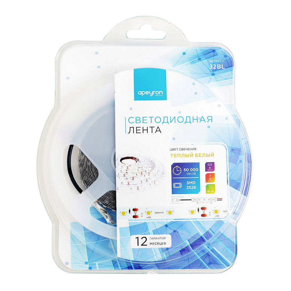 Изображение товара Светодиодная лента SMD 3528 3000K 12В 5м IP20 Apeyron
