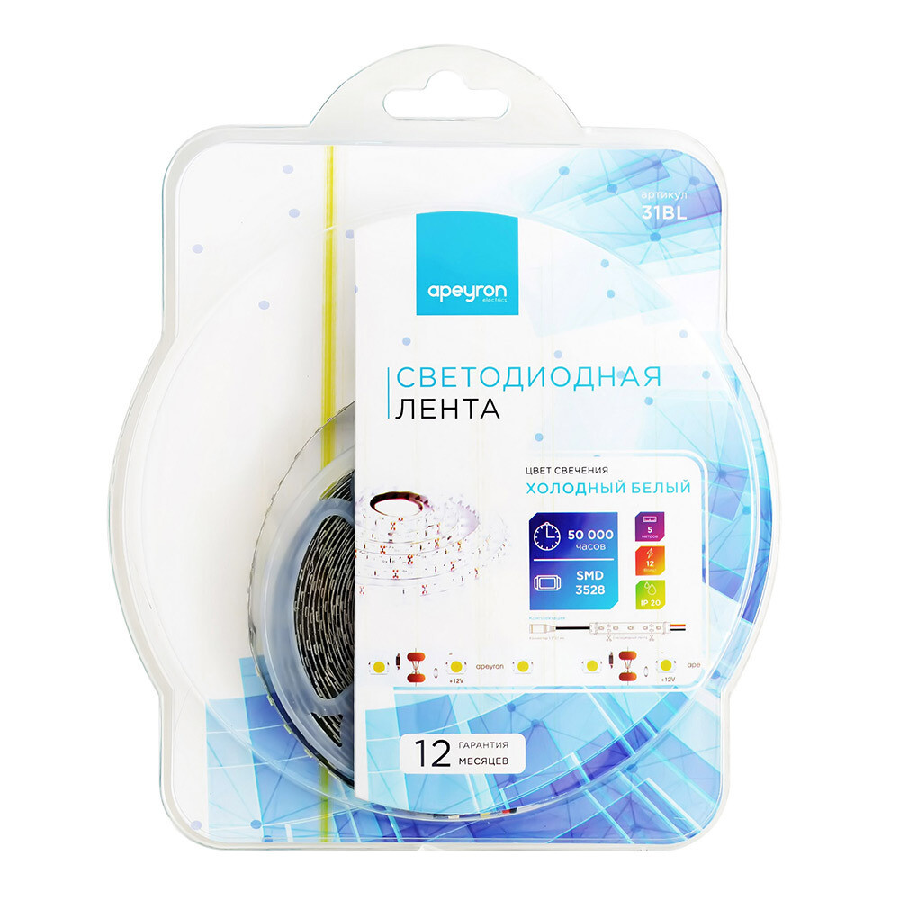 Изображение товара Лента светодиодная SMD 3528 6500К 12 В 9,6 Вт/м 5 м IP20 Apeyron (31BL)