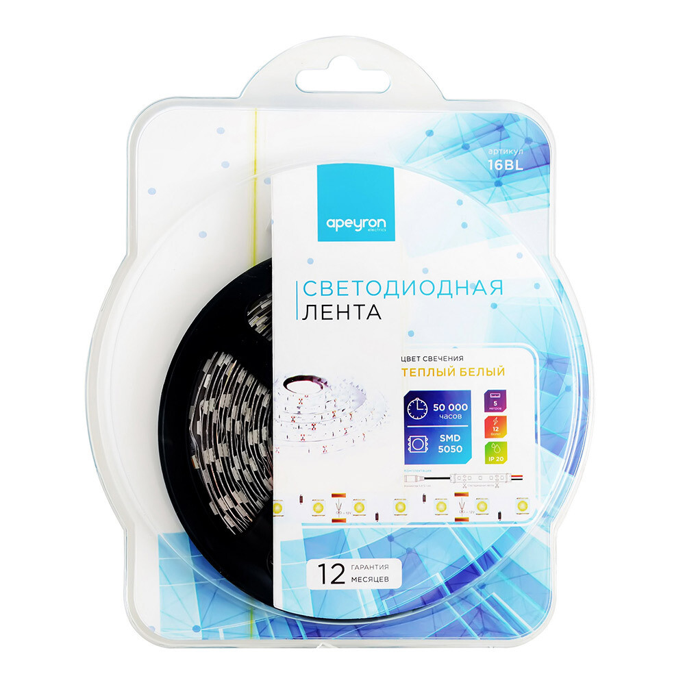 Изображение товара Лента светодиодная SMD 5050 3000К 12 В 14,4 Вт/м 5 м IP20 Apeyron (16BL)
