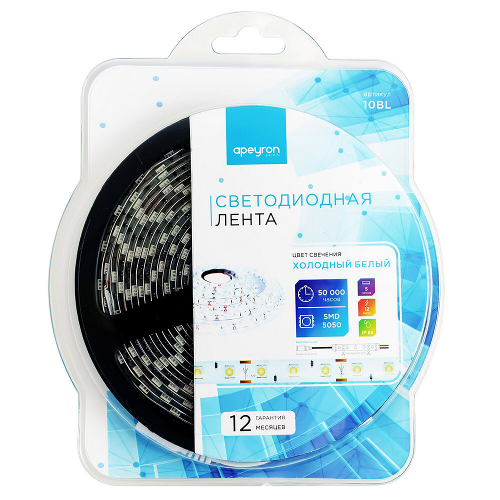 Изображение товара Светодиодная лента SMD 5050 6500K 12 В, 5 м, IP20, холодный белый, 14,4 Вт/м
