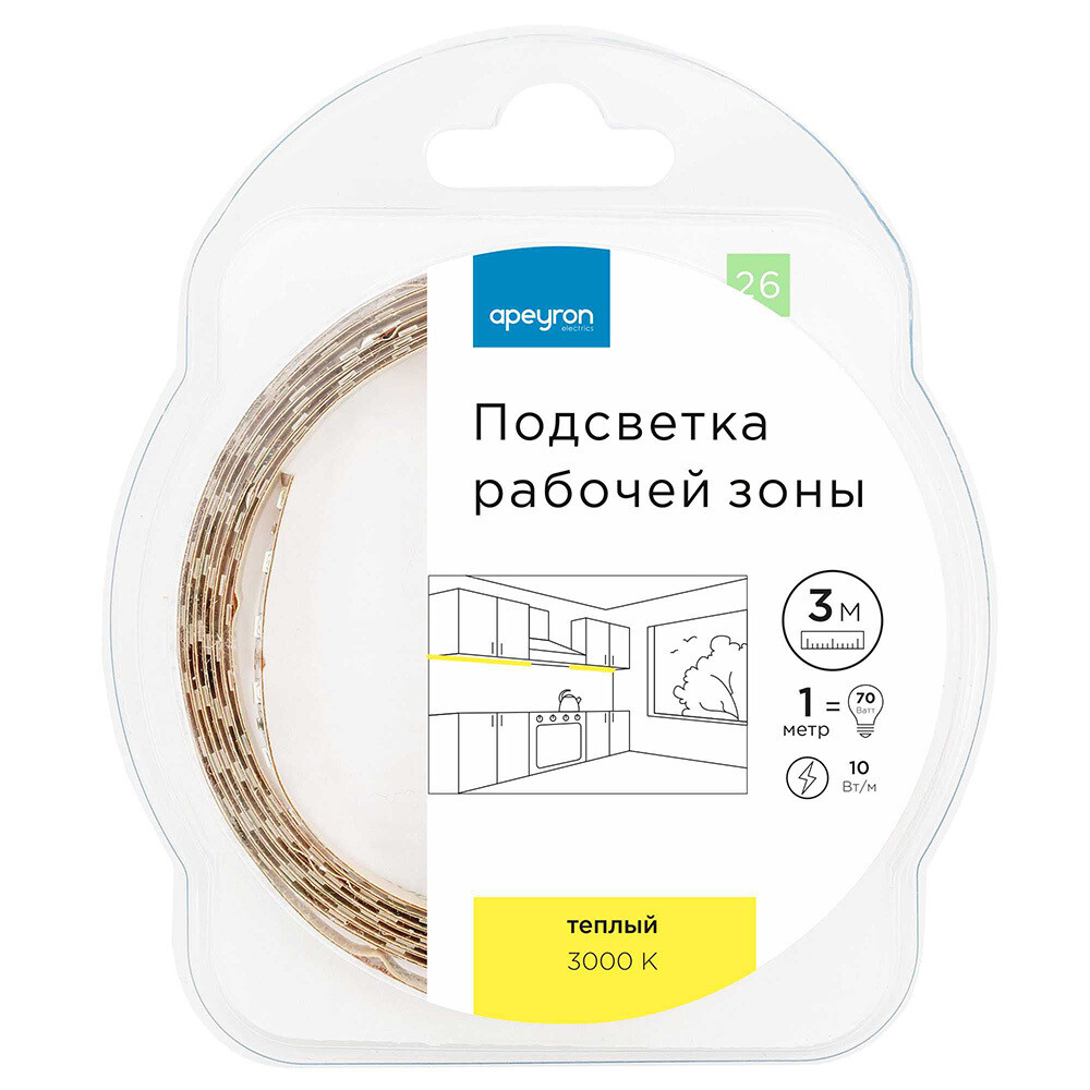 Изображение товара Лента светодиодная SMD 5050 3000К 12 В 10 Вт/м 3 м IP20 Apeyron (26ПРЗ)