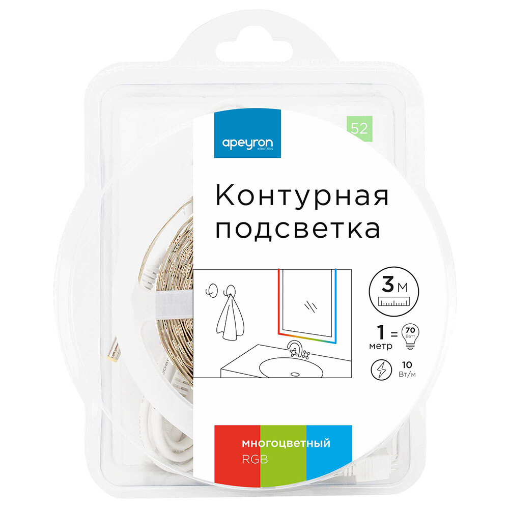 Изображение товара Светодиодная лента SMD 5050 RGB 12V 10Вт Apeyron 3м IP65