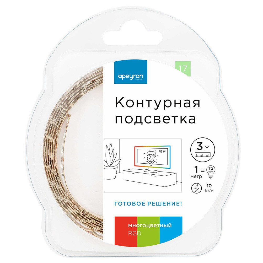 Изображение товара Светодиодная лента RGB 12 В 3 м 10 Вт/м IP20 Apeyron для интерьера