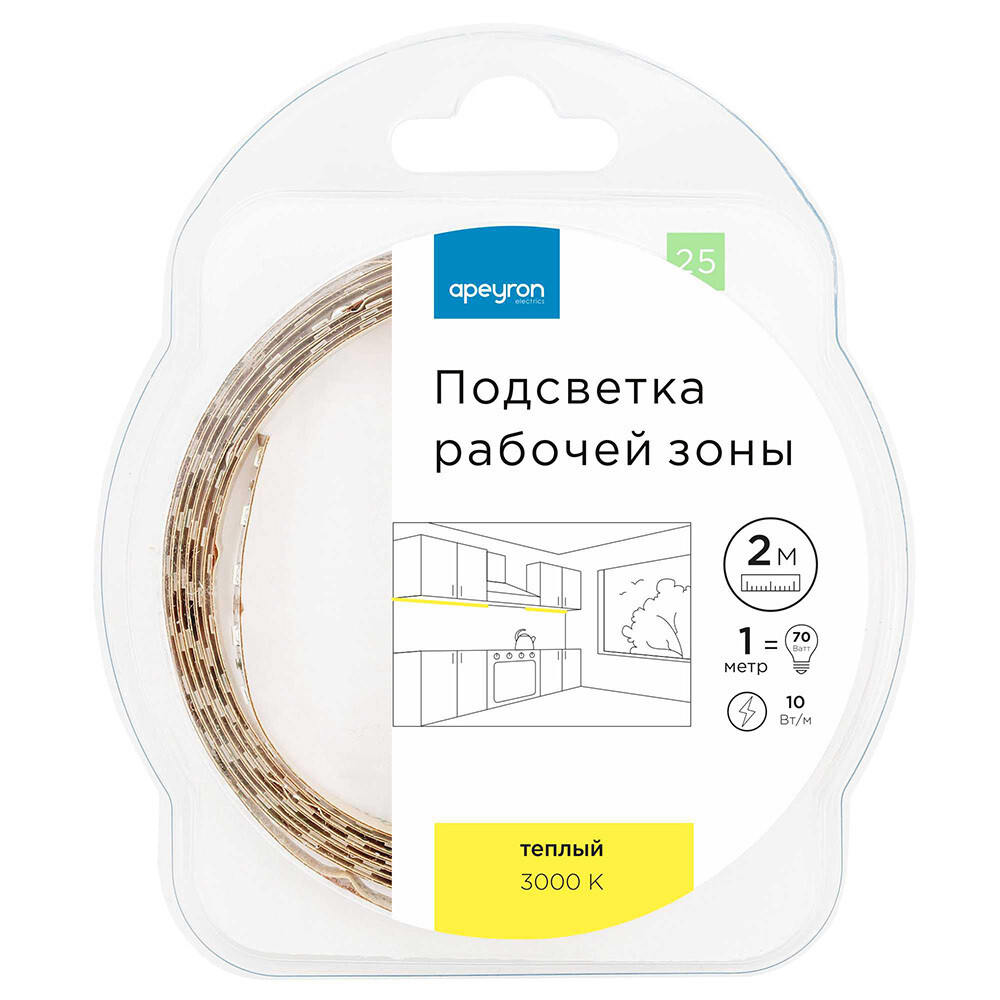 Изображение товара Лента светодиодная SMD 5050 3000К 12 В 10 Вт/м 2 м IP20 Apeyron (25ПРЗ)