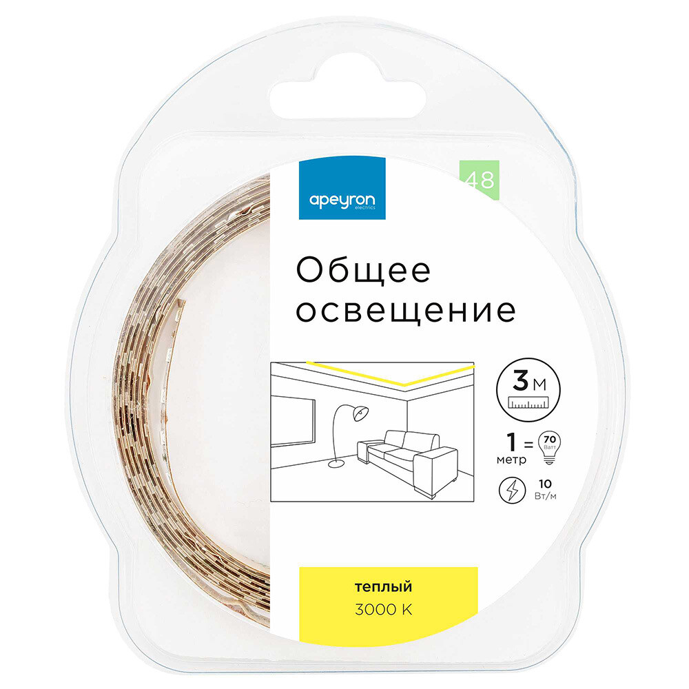 Изображение товара Лента светодиодная SMD 5050 3000К 12 В 12 Вт/м 3 м IP20 Apeyron (48ОО)
