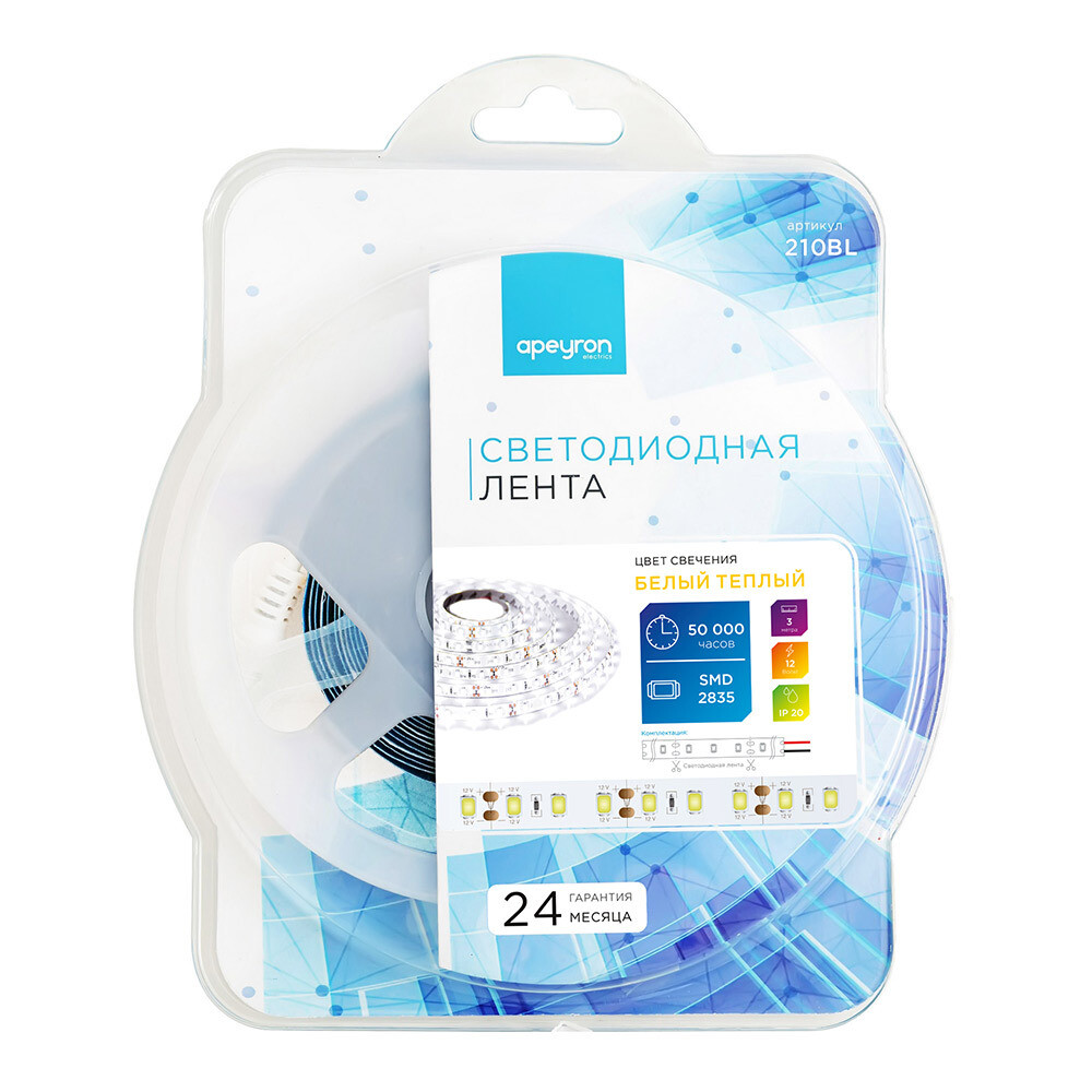 Изображение товара Светодиодная лента SMD 2835 3000K 12В 14,4Вт/м 3м IP20 Apeyron