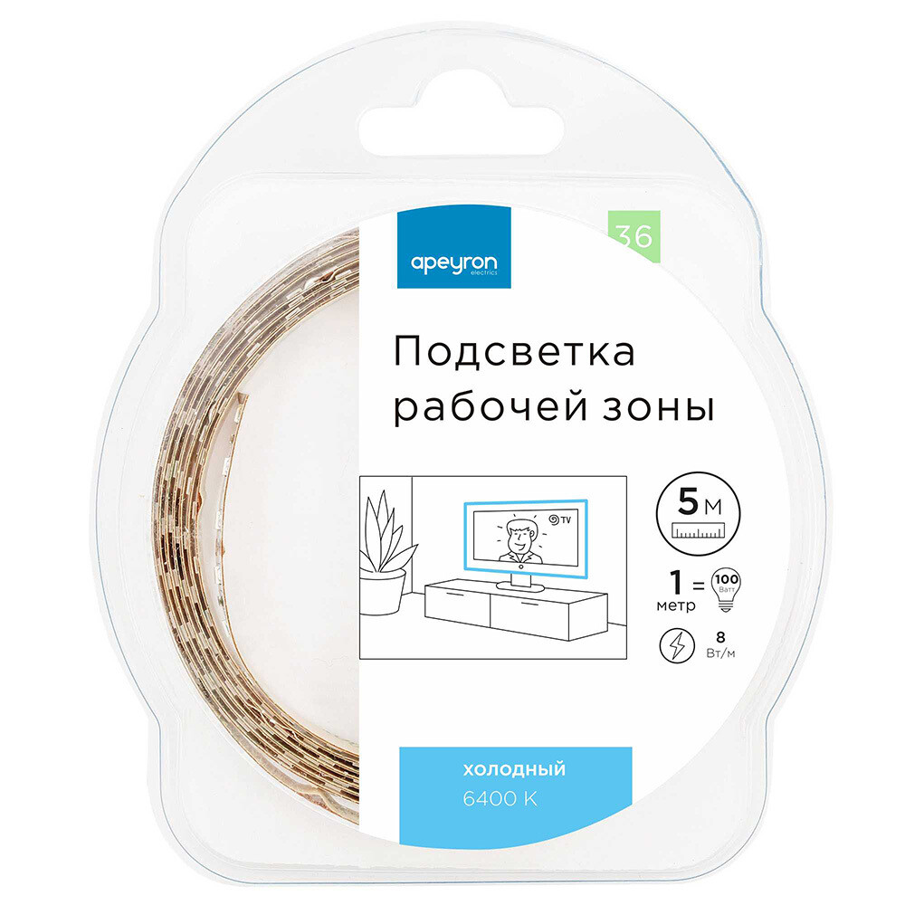 Изображение товара Светодиодная лента SMD 2835 6500K 12 В 8 Вт/м 5 м IP20 Apeyron