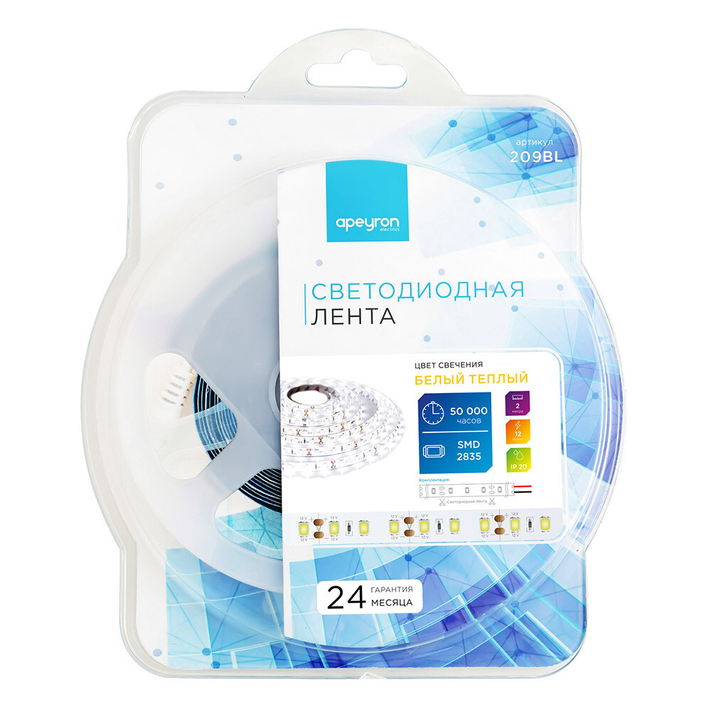 Изображение товара Лента светодиодная SMD 2835 3000К 12 В 14,4 Вт/м 2 м IP20 Apeyron (209BL)