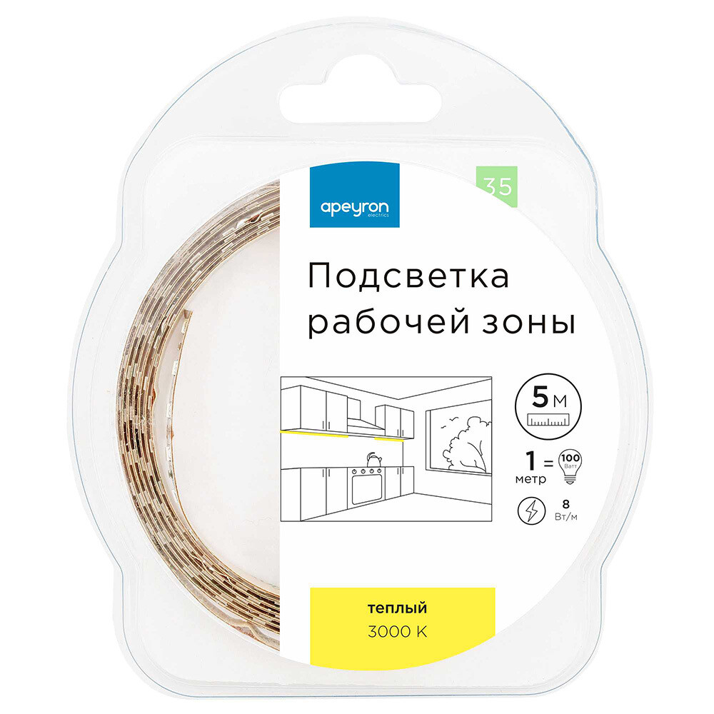 Изображение товара Светодиодная лента SMD 2835 3000 К 12 В 8 Вт/м 5 м IP20 от Apeyron
