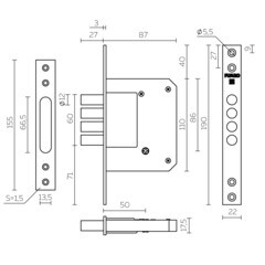 Замок врезной Fuaro X2004MF универсальный крестообразный латунь 5 ключей - фото 3