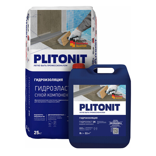 Гидроизоляция цементно-полимерная Plitonit ГидроЭласт 2К 25 кг+8 л ...