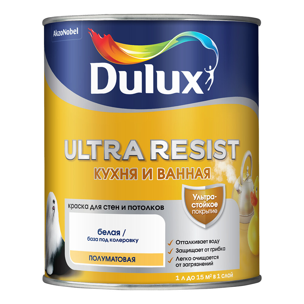 Изображение товара Краска Dulux/Luxium Ultra Resist для кухни и ванной 1 л влагостойкая акриловая