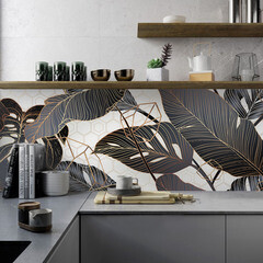 Панель стеновая пластик для кухни 3000х600х1,5 мм листья в графике - фото 3