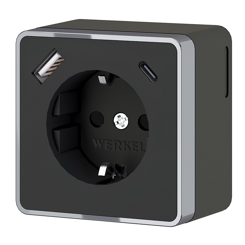 Изображение товара Розетка Werkel Gallant накладная черная с USB-A/Type-C, 3 гнезда