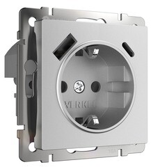 Розетка Werkel встраиваемая серебряная матовая со шторками с USB-A/ Type-C (a063618) - фото 1