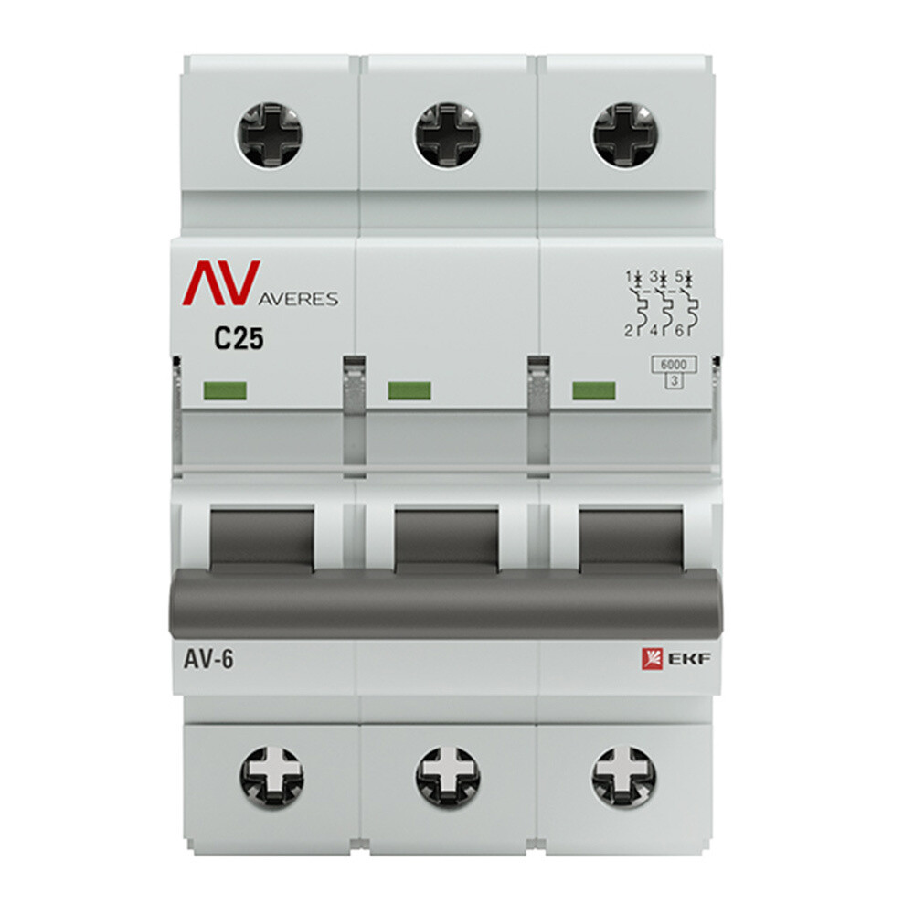Изображение товара Автоматический выключатель EKF Averes AV-6 3Р 25А тип C 6 кА 400 В