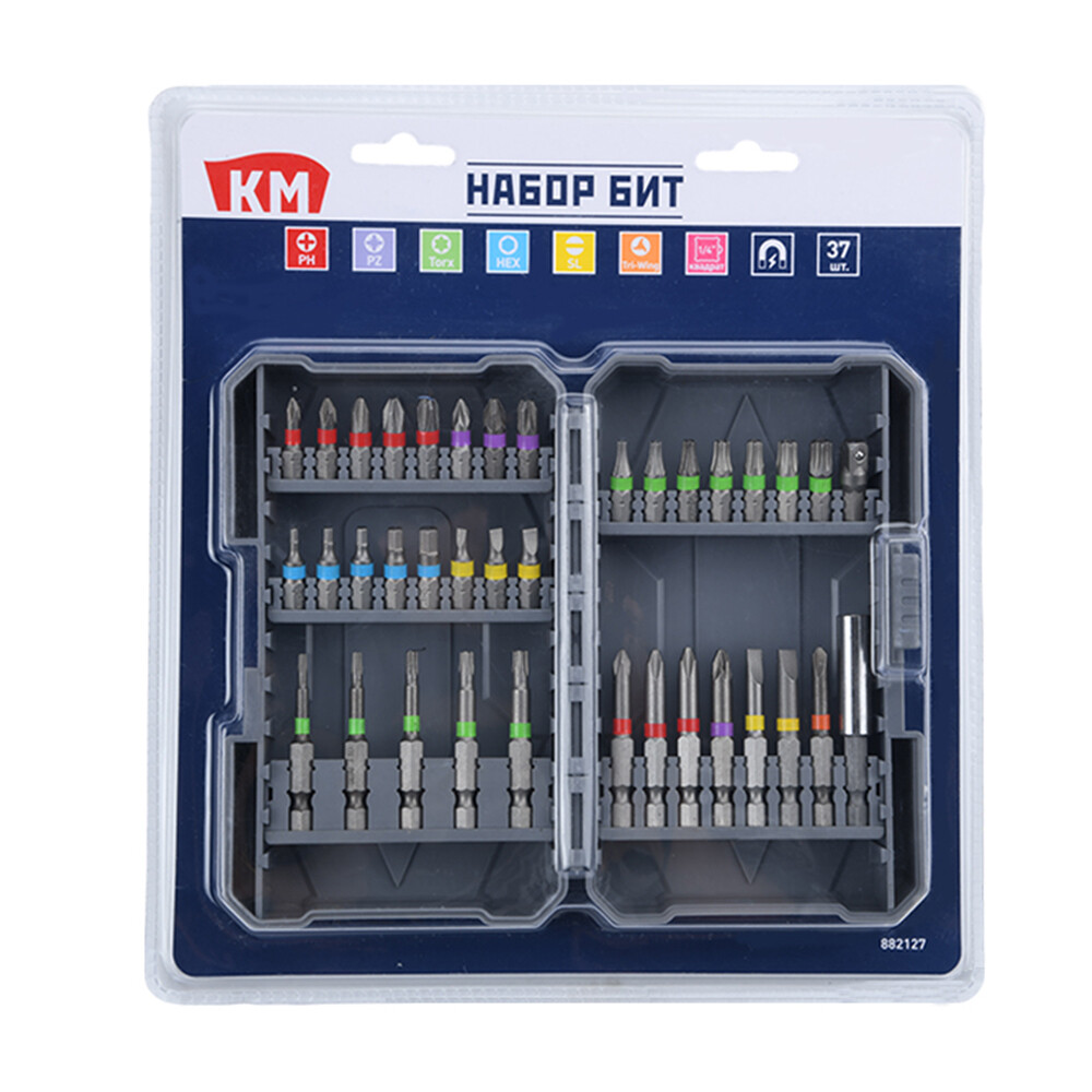Изображение товара Набор бит КМ (882127) PH/PZ/SL/TORX/HEX/Tri-Wing 25/50 мм с магнитным держателем (37 шт.)