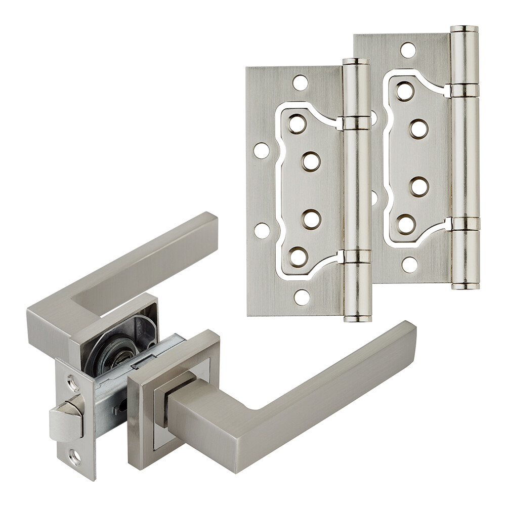 Изображение товара Комплект фурнитуры для двери Corsa Deco Clover с защелкой и петлями квадратная розетка матовый никель (990308)