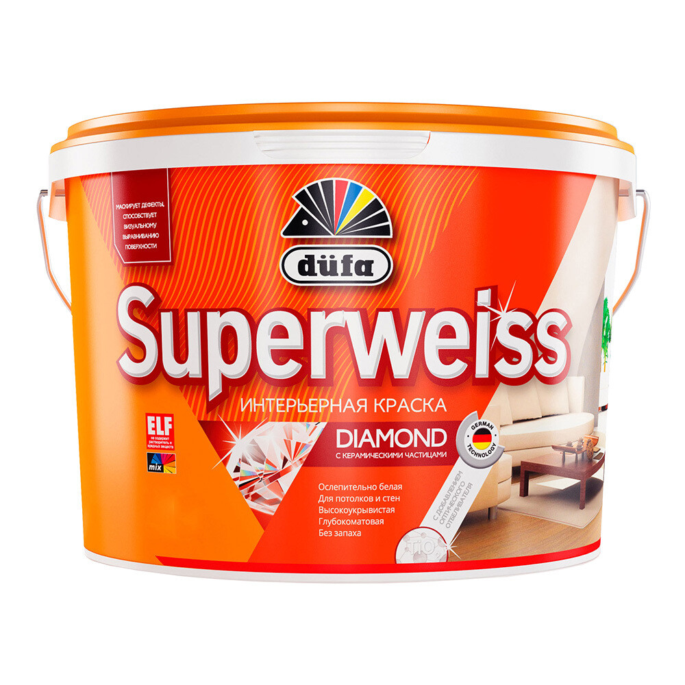 Изображение товара Интерьерная краска Dufa Superweiss RD4 базовая 1 белая 9 л для стен и потолков