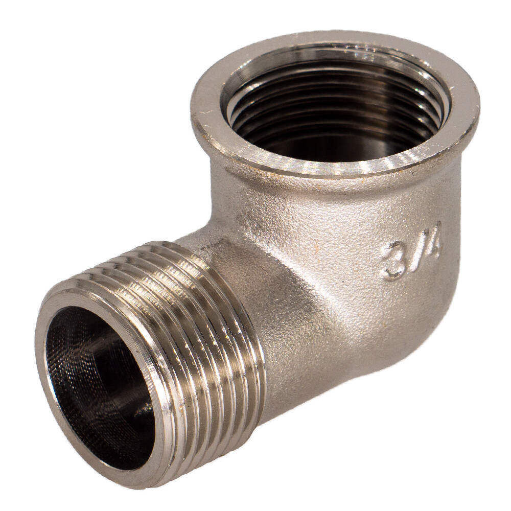 Изображение товара Латунный уголок CTM 1 1/4 ВР х 1 1/4 НР с никелированием для трубопроводов