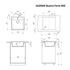 Мойка для кухни Ulgran Forte 51х51х20 см врезная с сифоном кварц уголь - фото 7