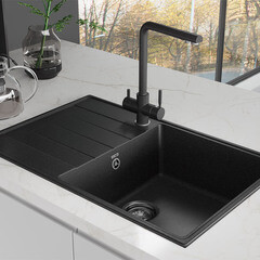 Мойка для кухни Ulgran Prima 78х50х20 см врезная с крылом с сифоном кварц уголь - фото 8