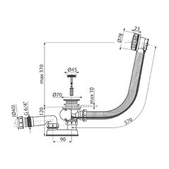 Сифон для ванны Alcadrain регулируемый полуавтомат с выпуском d70 мм с переливом (A55K-VE-01/A55K-RU-01) - фото 6