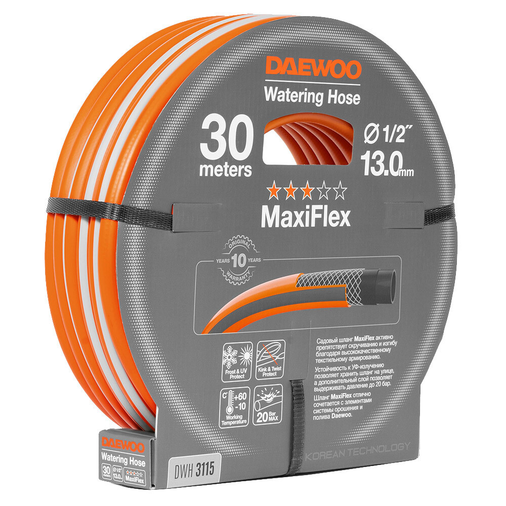 Изображение товара Шланг поливочный Daewoo MaxiFlex 30 м 1/2 дюйма четырехслойный армированный ПВХ