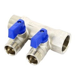 Изображение товара Коллектор Tiemme 3/4 ВР(г) х 2 выхода 1/2 НР(ш) ЕК х 3/4 НР(ш) с шаровыми кранами (1820004)