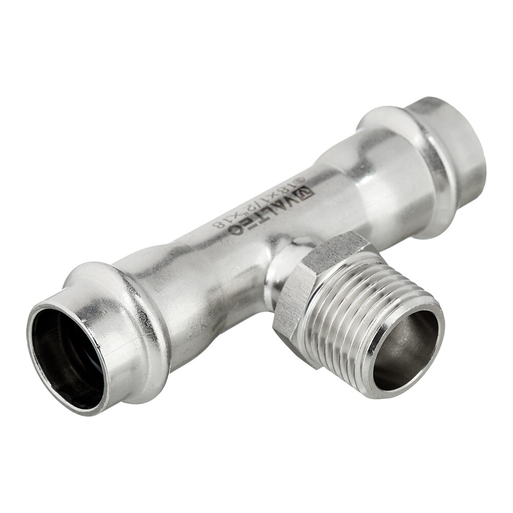 Изображение товара Тройник Valtec VTi.933.I.180418 18 мм х 1/2 НР(ш) х 18 мм на нержавеющей стали