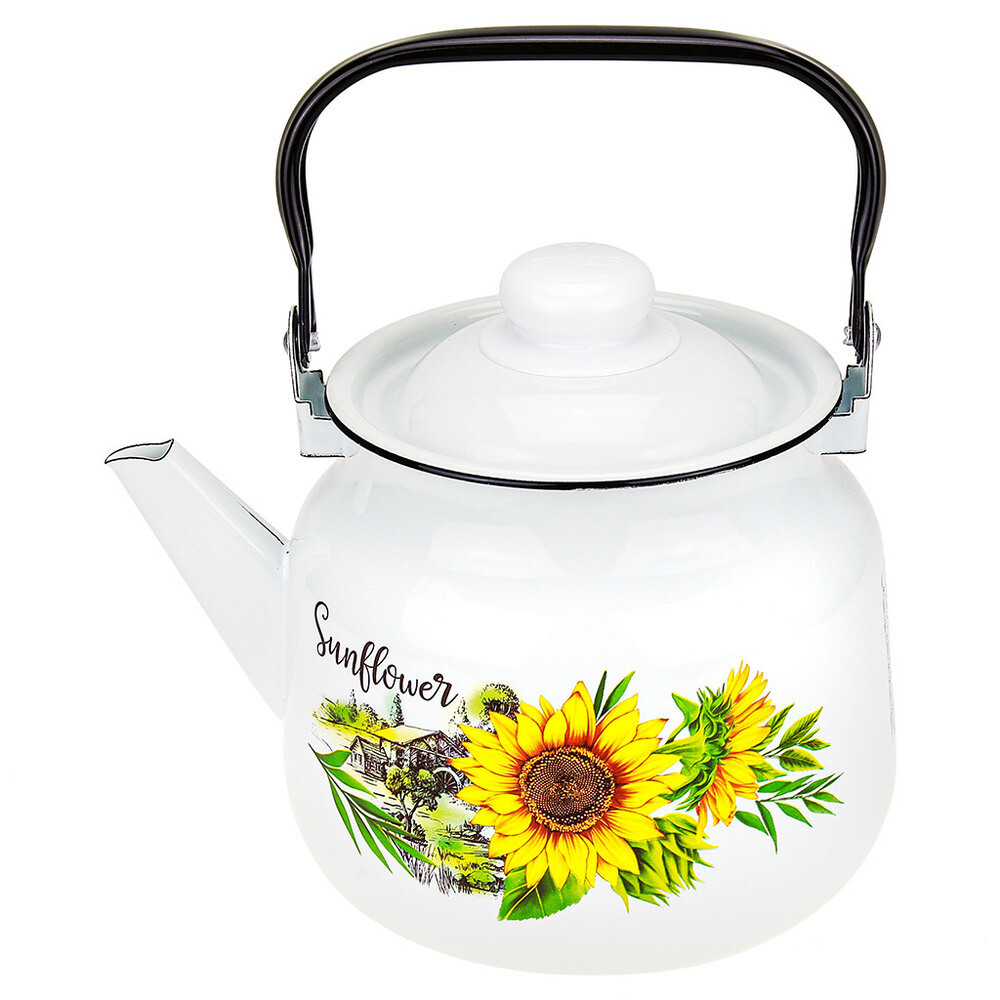 Чайник эмалированный Магнитогорская эмаль Подсолнухи 3,5 л белый